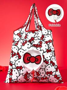 HELLO KITTY AND FRIENDS | SHEIN Cute Cat Print Foldable Shopping Bag, With Drawstring Pouch, Large Capacity, Lightweight, Reusable For Grocery & Daily Use - white and red - View 2