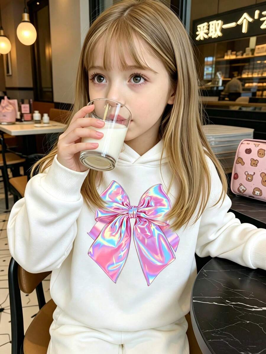 SHEIN Autumn/Winter Girls Toddler Fresh Colorful Pink Bow Design Pattern Print Basic Hooded Sweatshirt Tops - White - View 1
