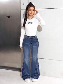 SHEIN Jeans de campana con borde deshilachado, estilo de moda casual y urbano para adolescentes, adecuados para el uso diario - Azul lavado oscuro - Ver 3
