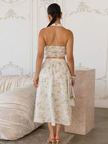 Andrea Bello Women's Ditsy Floral Backless Top And Skirt Set, Summer Outfit Elegant - Apricot - View 2