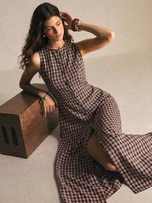Poéselle Women's Plaid Button-Front Waist-Cinching Slim Fit Long Dress, Commuter Office Wear, Summer Outing Outfit - Coffee Brown - View 6
