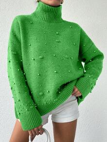 EURMUSE Women's Stand Collar Drop Shoulder Long Sleeve Sweater - Green - View 5