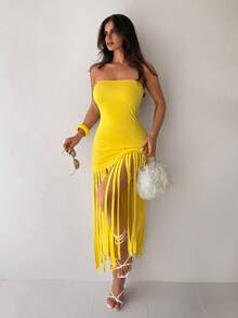 Sirith Fashionable Women's Yellow Strapless Burnout Striped Dress - Yellow - View 4