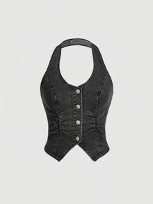SHEIN ICON Y2K 蓝色弹力露背牛仔背心 - 黑色 - 查看 3