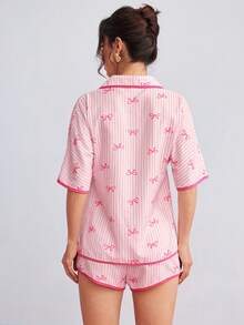 Elorette 可爱条纹蝴蝶结粉色印花短袖女士睡衣套装 - 粉色 - 查看 2