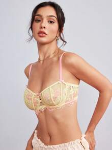Elorette 甜美可愛雙色蕾絲無鋼圈內衣 - 黃色 - 查看 7