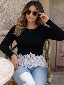 SHEIN LUNE CURVE Minimalist Black & Complex White Lace Hem Design Plus Size Women's Pullover Sweater - Black - View 6