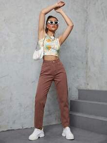 SHEIN ICON 女款休閒日常牛仔褲，附口袋與鈕扣設計 - 咖啡棕 - 查看 6