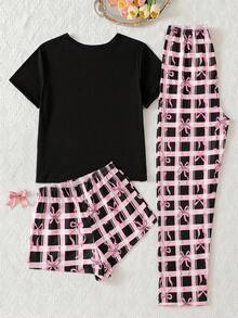 3件組青少年女孩居家服套裝，圓領短袖、短褲與長褲，四季適用，黑色、粉色、白色格紋與蝴蝶結印花，柔軟透氣 - 彩色 - 查看 2
