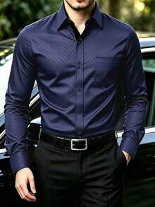 Manfinity Mode Men's Formal Casual Streetwear Versatile Commute Striped  Patchwork Long Sleeve Shirt - Navy Blue - View 1