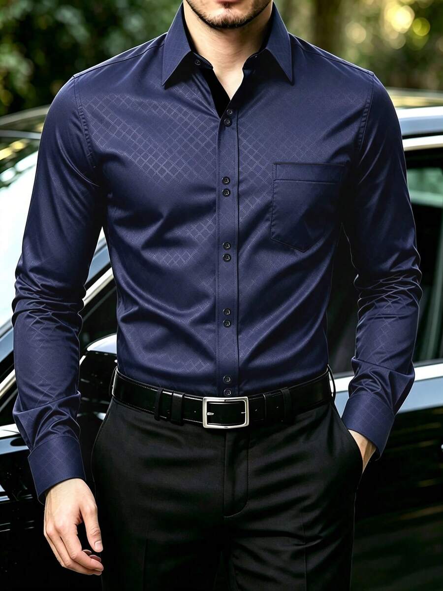 Manfinity Mode Men's Formal Casual Streetwear Versatile Commute Striped Patchwork Long Sleeve Shirt - Navy Blue - View 1