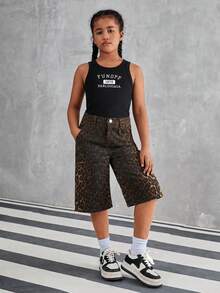 SHEIN Explorewe Tween Girl 新款夏季街头风复古豹纹宽松直筒阔腿七分裤 - 彩色 - 查看 4