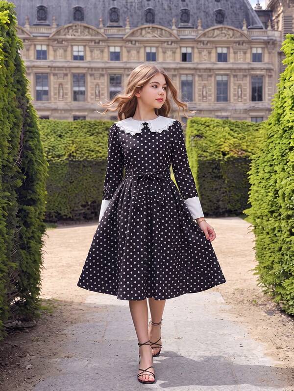 SHEIN Girls' Casual Comfortable Party Dress, Elegant Graceful Cute Sweet Style, Lace Ruffle Peter Pan Collar, Long Sleeve With Button Cuffs, Digital Print Polka Dot Pattern, Fashion Versatile Autumn/Winter Dress