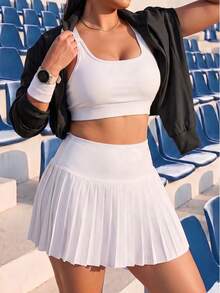 SHEIN Unity 2PCS Women's Sports Set White Tight Bra Wide Adjustable Straps Cross Back Removable Pads High Waist Pleated Skirt Lining Gym Tennis Summer - White - View 5