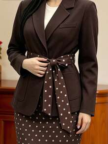 SHEIN Clasi Brown Suit Polka Dot Mermaid Skirt With Single-Breasted Two-Button Same-Color Round Buttons, Symmetrical Front Patch Pockets Design, Vintage Commuter Details Plus Size 2 Pieces Set - Coffee Brown - View 3