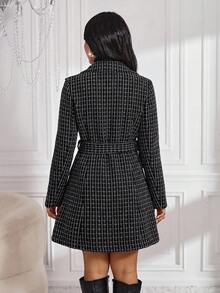SHEIN Lady 女款格紋翻領長袖雙排扣優雅大衣 - 黑與白 - 查看 2