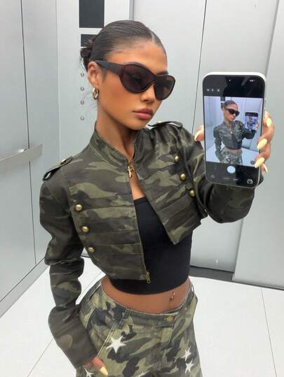 Muchica Camo Print Twill Cropped Jacket For Women Streetwear Casual Y2K Zip Up Military Short Coat Camouflage Bomber For Going Out