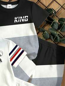 Souflis Souflis 小男孩 3 件組隨機幾何格紋條紋拼色皇冠字母 K KING 馬匹印花短袖 T 恤與短褲套裝 - 彩色 - 查看 6