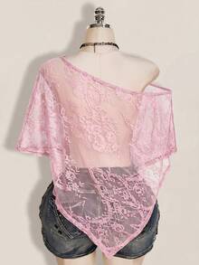 SHEIN ICON 女款大尺碼蕾絲休閒透視日常上衣 - 粉色 - 查看 6
