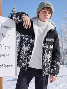 SHEIN 兒童青少年男孩休閒運動紮染潑墨印花連帽寬鬆長袖加厚保暖內裡連帽外套，適合秋冬，復古男孩外套，冬季上衣，冬季外套 - 黑色 - 查看 3