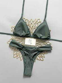 Swim Mod 夏季海灘女款兩件式泳衣套裝 特殊紋理布料 三角綁帶上衣與抓皺比基尼泳褲 - 墨綠色 - 查看 2