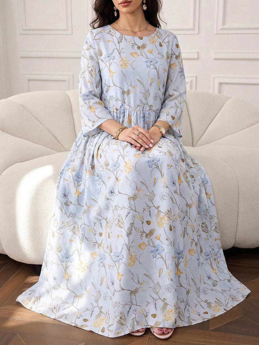 Al Najma 女款時尚花卉印花百褶長袖阿拉伯風度假洋裝 - 藍色 - 查看 1