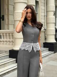 Siren Gaze Women's Grey Sleeveless Suit Vest & Wide-Leg Trouser Set With Lace Detailing – Elegant Autumn Office Wear For The Sophisticated Professional - Grey - View 6