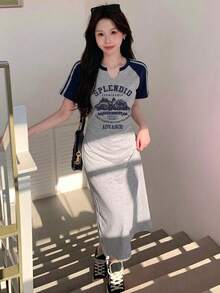 DAZY 女士Y2K休闲时尚街头日常通勤字母印花撞色条纹侧边收腰短袖连衣裙夏季连衣裙 - 灰色 - 查看 5