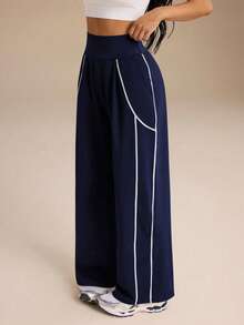 Dewbera Dewbera Contrast Trim High Waist Sports Pants - Blue - View 4