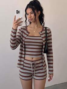 SHEIN 青少年女孩條紋長袖上衣與細肩帶短褲套裝 - 棕色 - 查看 9