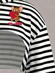 TOM & JERRY X SHEIN SHEIN EZwear 大尺碼女款抽繩連帽條紋卡通印花長袖運動衫 - 彩色 - 查看 3