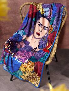 Frida Kahlo X SHEIN 1件裝可愛印花加厚毯，柔軟保暖不易掉毛，多尺寸可選，適用沙發、床鋪、午休使用 - 多彩藍 - 查看 6