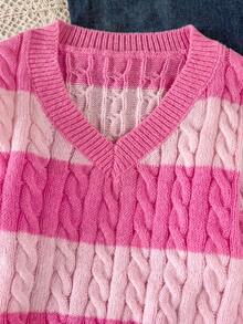 Girls' Striped Colorblock Cable Knit V-Neck Pullover Sweater, Suitable For Autumn/Winter And Outdoor Wear - Pink - View 3