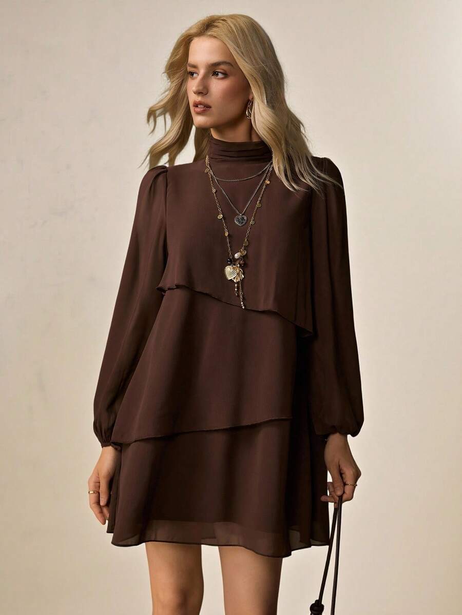 COSMINA Women Brown Boho Ruffle Tiered Mini Dress, Long Sleeve Lantern Sleeve Bohemian Dress, Flowy Dress - Brown - View 1