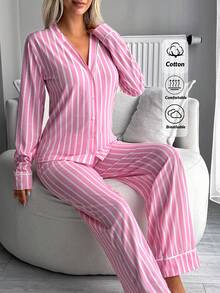 SHEIN Pink Striped Button Front Detailed Long Sleeve Casual Pajama Set - Pink - View 6
