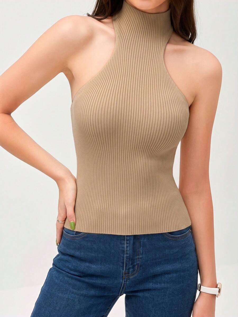 SHEIN Orluneo 纯色修身罗纹针织无袖上衣 - 駝色 - 查看 1