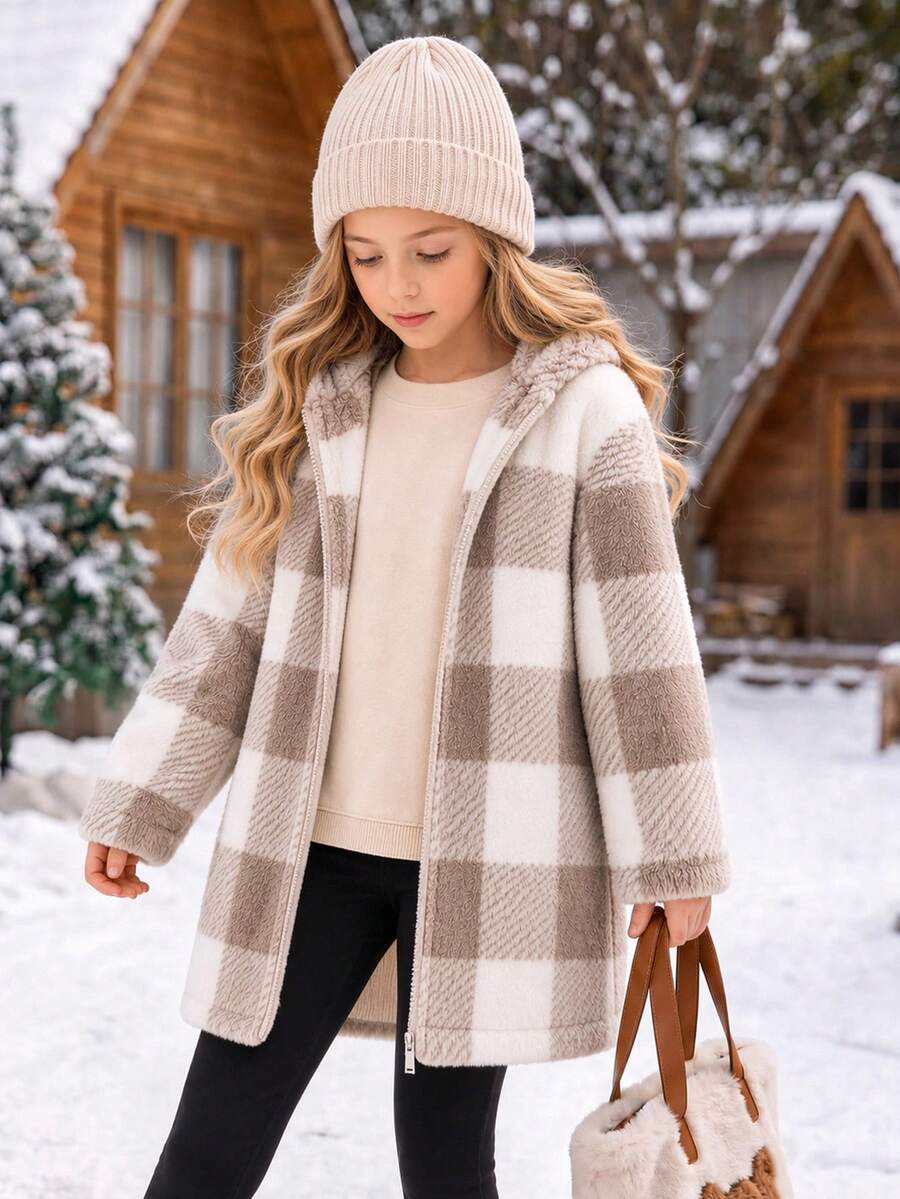 SHEIN Tween Girls Autumn/Winter Casual Elegant Vintage Preppy Style Khaki Plaid Fuzzy Open Front Mid-Length Jacket With Pockets, Suitable For Back To School, Autumn/Winter Outings, Daily Wear - Khaki - View 1