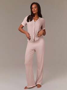SHEIN Set de 2 piezas de pijama casual de mujer con colores contrastantes - Multicolor - Ver 1