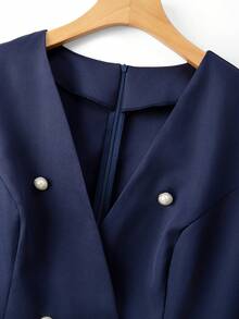 GlowEve CURVE Women's Plus Size Solid Navy Blue V-Neck Pearl Button Blazer Waist-Cinching Dress, French Double-Breasted Long Sleeve A-Line Short Umbrella Skirt, Elegant Commute Daily Holiday Interview Date Autumn/Winter New Dress - Navy Blue - View 5