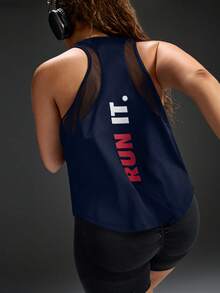 Powerista Women's Plus Size Summer And Spring Navy Blue Color Sleeveless Athletic Performance Tee With Run It Red Color Graphic And Breathable Mesh - Navy Blue - View 2