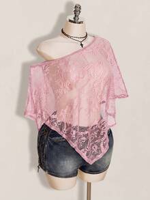 SHEIN ICON 女款大尺碼蕾絲休閒透視日常上衣 - 粉色 - 查看 5