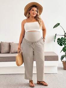 Plussiva Plus Size Maternity Casual Versatile Long Pants - Khaki - View 4