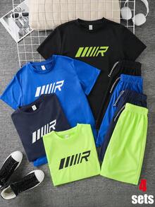 SHEIN 青少年男孩買6送2，8件/套休閒純色與字母圖案短袖圓領T恤及彈性腰短褲套裝，適合秋冬春夏，戶外玩耍、學校、街頭、派對與休閒穿著 - 彩色 - 查看 2