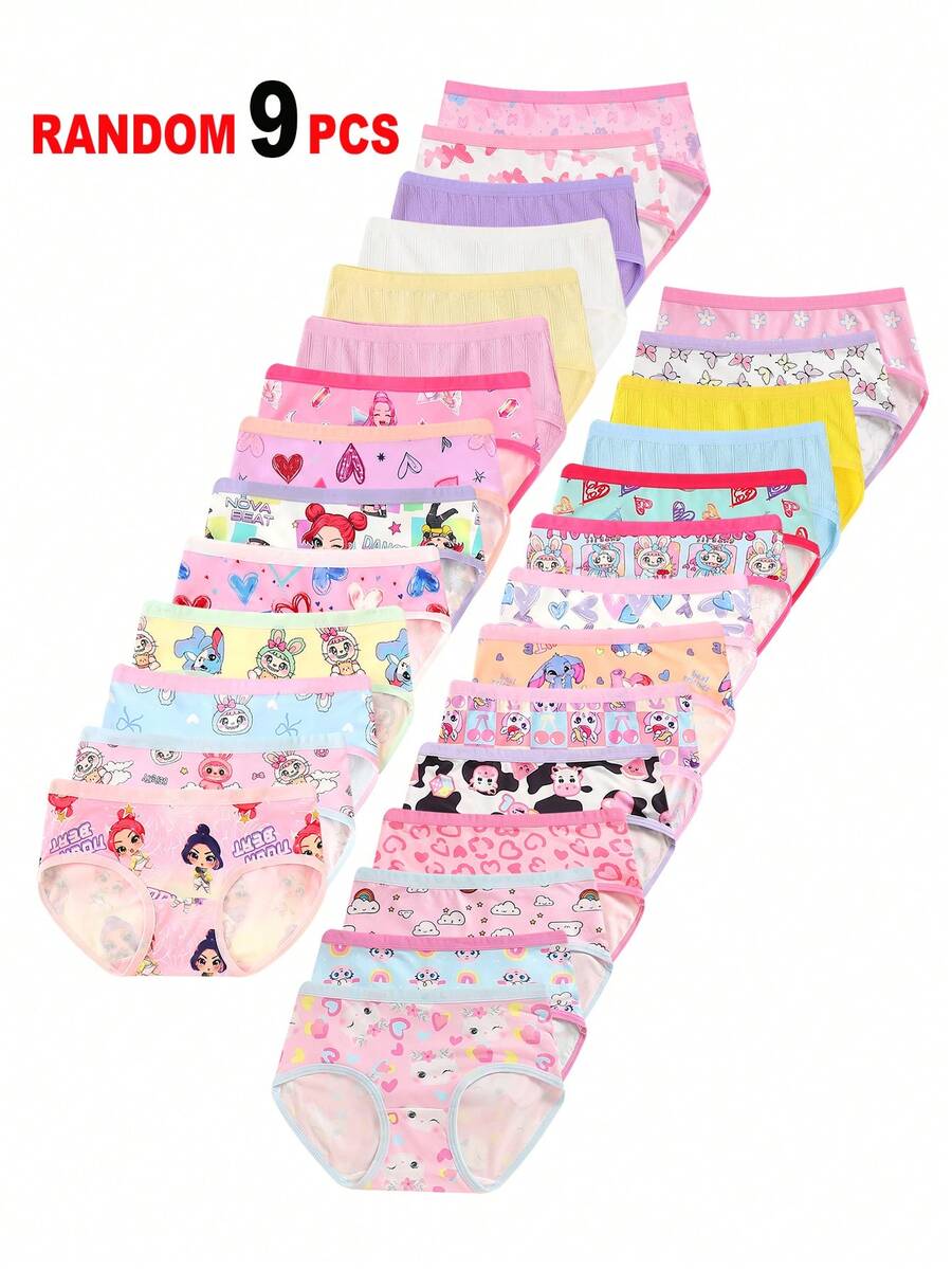 SHEIN 9件套 女童卡通动物、爱心、彩虹、云朵印花简约时尚三角内裤 - 彩色 - 查看 1