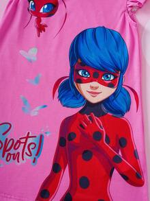 Miraculous Ladybug X SHEIN Vestido de verano para niñas con cuello redondo, volantes y estampado de dibujos animados lindo - Rosa - Ver 6