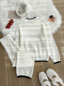 SHEIN Tween Girls 2pcs Sweater Set, Minimalist Black & White Color Block Half-High Neck Sweater & Pants, Striped Loose Slouchy Knit Pullover, Autumn/Winter New Base Layer Innerwear & Outerwear Round Neck Sweater - White - View 2