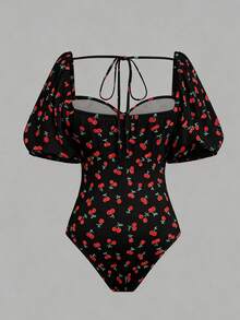 Sweetra Body de talla grande con estampado de cerezas, cuello corazón, espalda descubierta, hombros con lazo y acanalado - Multicolor - Ver 2