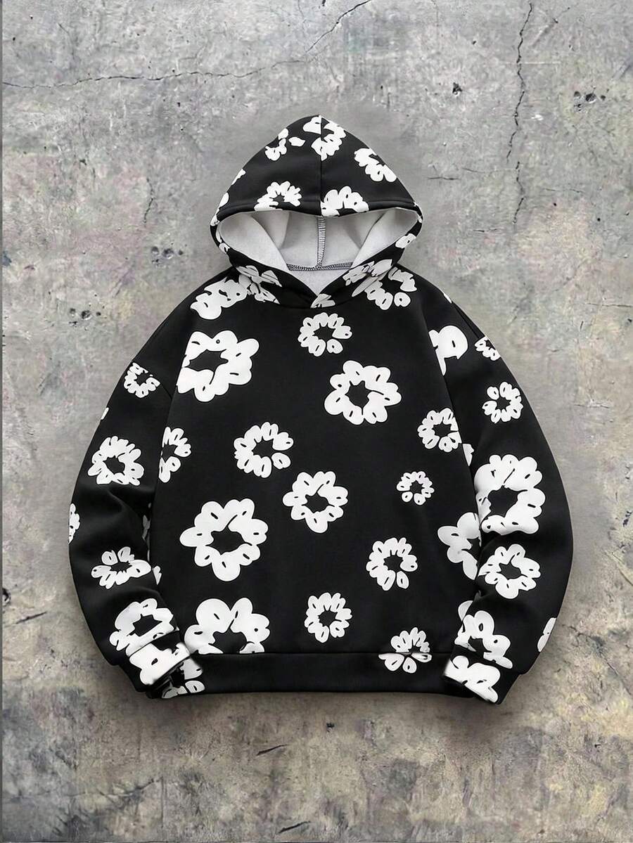 SHEIN 兒童青少年男童休閒黑色連帽衛衣，滿版花卉印花 Y2K 落肩設計，適合秋冬日常穿著、運動、外出、上學、派對、節慶、拍照