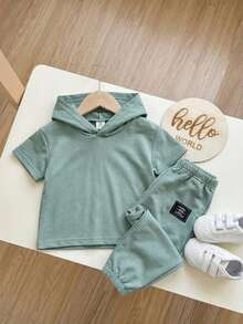 SHEIN Baby Boy/Girl Sage Green Striped Contrast Color Hooded Sleeveless Top,Elastic Waist Pants 2-Piece Set,Summer Casual Vacation Collegiate Style Outfit - Multicolor - View 5