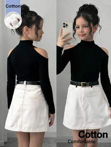 SHEIN Kids Tween Girls Tween Girl Autumn Black Knit Off-Shoulder Fitted Long Sleeve Elegant All-Match Versatile Top T-Shirt - Black - View 2